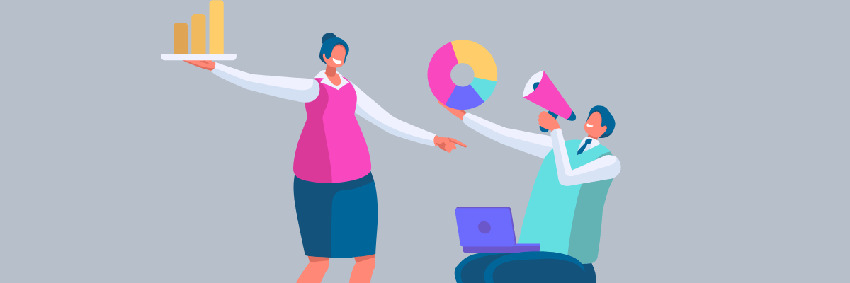 Illustration of two professionals working together—one standing and holding a bar graph and pie chart, and the other kneeling with a laptop and megaphone—symbolizing teamwork in data and communication.