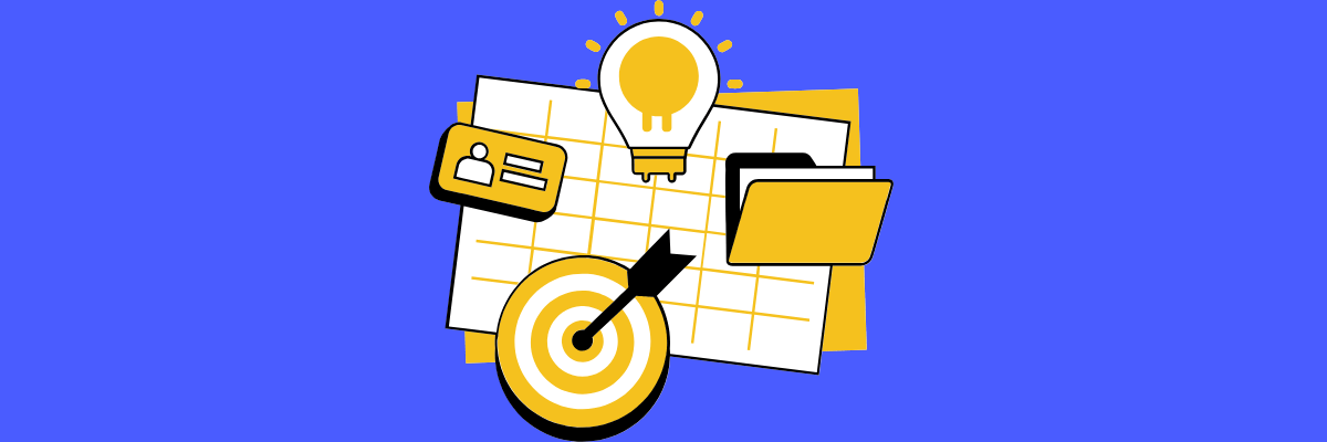 Illustration of a calendar with icons representing a lightbulb, ID badge, folder, and a target with a dart in the bullseye, all in yellow and black on a vibrant blue background.