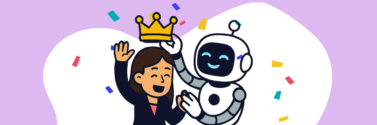 Cartoon robot placing a crown on a smiling woman’s head while colorful confetti falls around them, set against a light purple background with white shapes.