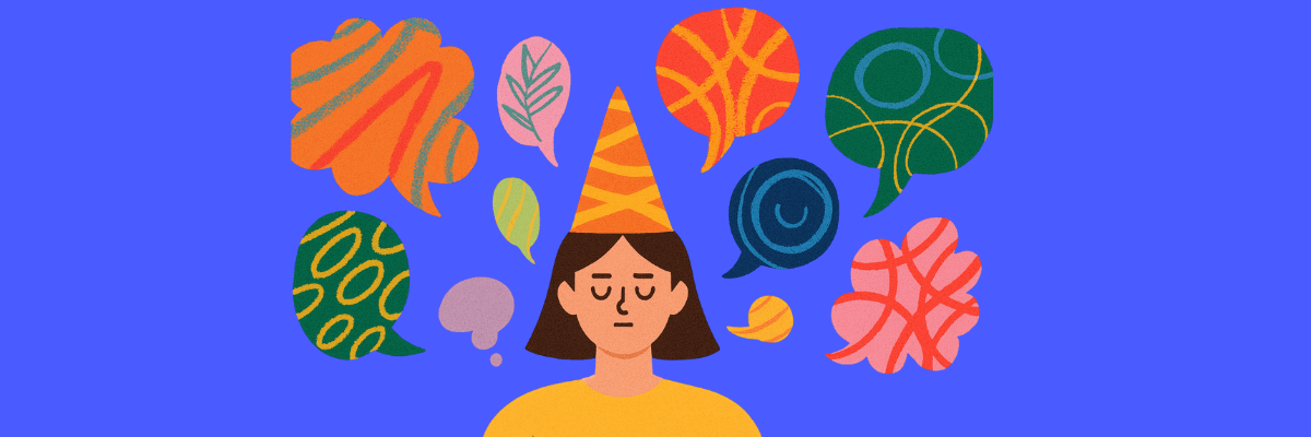 Illustration of a woman with a cone hat looking overwhelmed, surrounded by colorful, abstract thought bubbles against a blue background, symbolizing mental overload or anxiety.