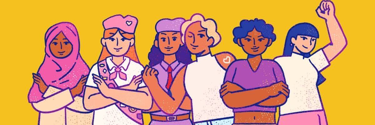 A colorful illustration of six confident and diverse women standing side by side against a yellow background, each with their arms crossed or raised in empowerment, representing unity and strength.