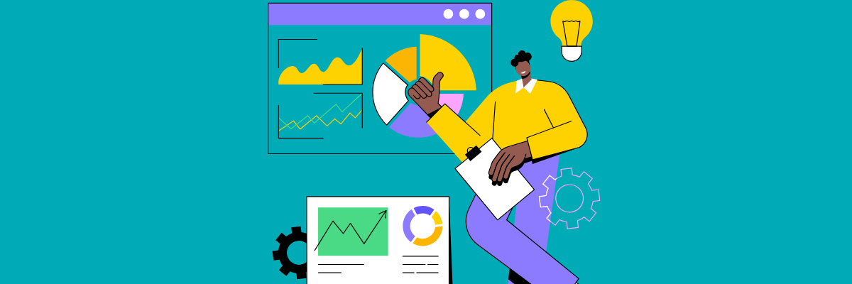 A cheerful illustrated person giving a thumbs up while analyzing colorful graphs and pie charts on digital screens, surrounded by icons of gears and a lightbulb, representing data insights and productivity.