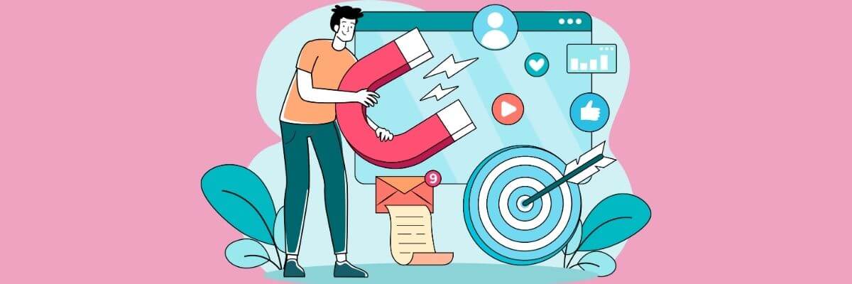 Illustration of a man holding a large magnet attracting icons like emails, likes, video play buttons, and graphs toward a target with an arrow with pink background.