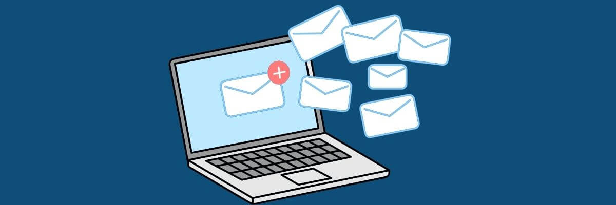 Cartoon illustration of a laptop with multiple email icons flying out of the screen, symbolizing an overflowing inbox.