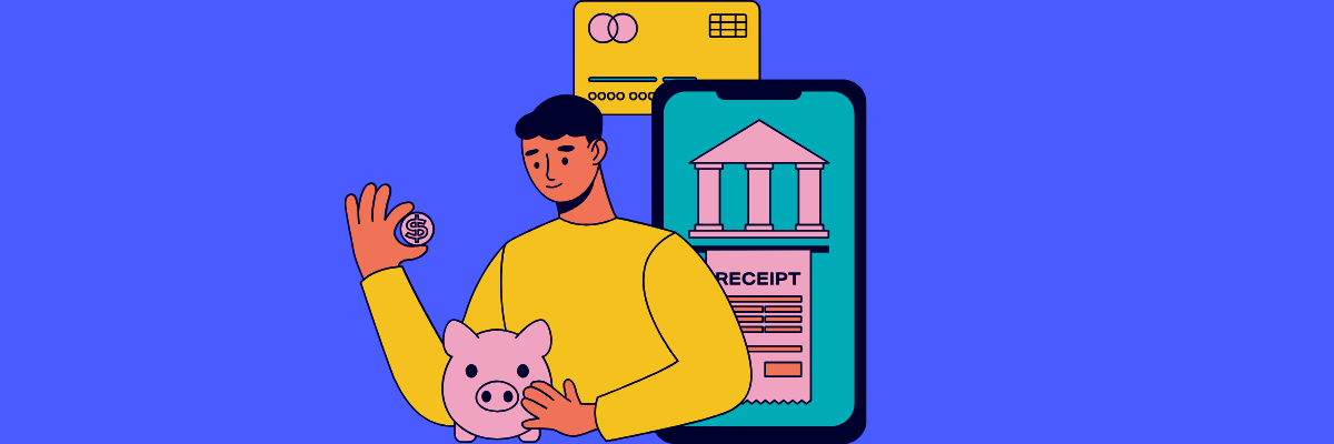 Illustration of a person holding a piggy bank and a coin, with a smartphone displaying a receipt and a credit card behind them, representing digital banking and saving money.