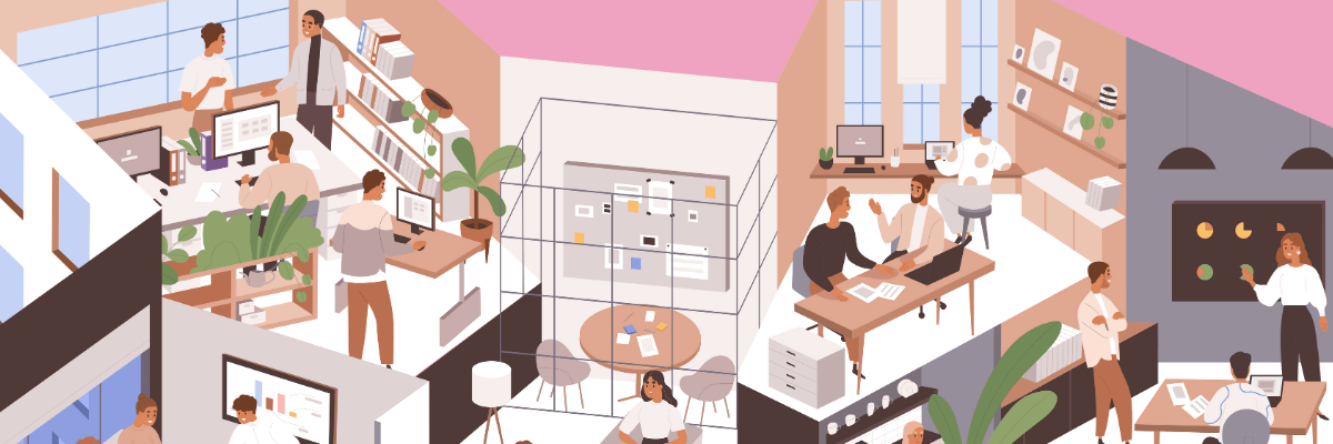 Illustration of a modern, open office space with diverse teams collaborating at desks, holding meetings, and working on computers. The space is filled with plants, charts, bookshelves, and large windows, creating a lively and productive environment.