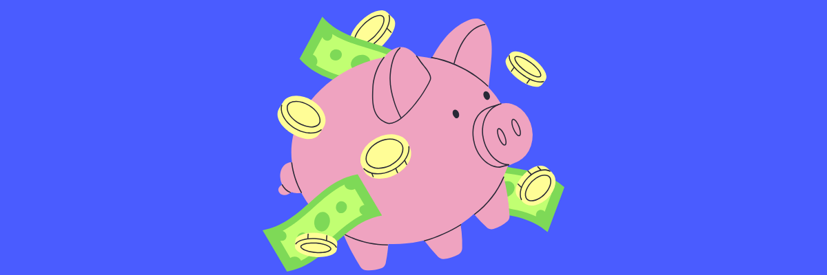 Cartoon-style pink piggy bank surrounded by flying gold coins and green dollar bills on a bright blue background.