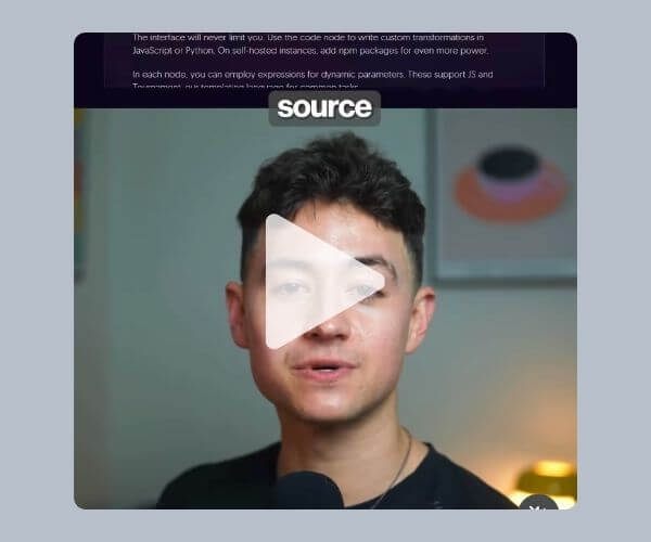 Screenshot of a young man speaking into a microphone, with a large play button over his face and the word “source” displayed above, likely indicating a video clip or tutorial.
