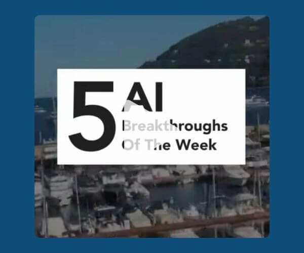 A video thumbnail with a marina view in the background and bold text overlay that reads “5 AI Breakthroughs Of The Week.”