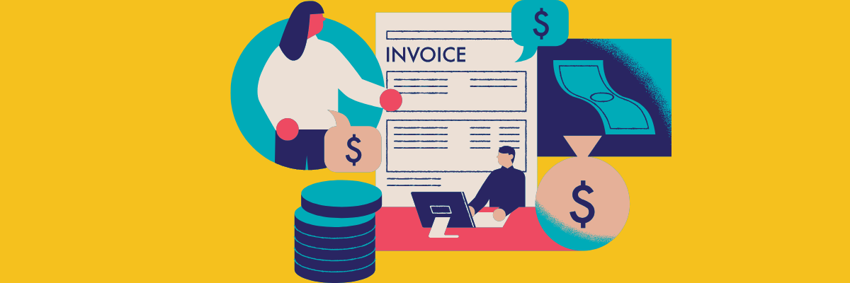 A colorful illustration showing a large invoice, a person working on a laptop, and oversized money-related icons like coins, bills, and dollar signs, symbolizing financial tasks or billing.