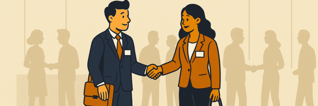 illustration of two people shaking hands at a conference