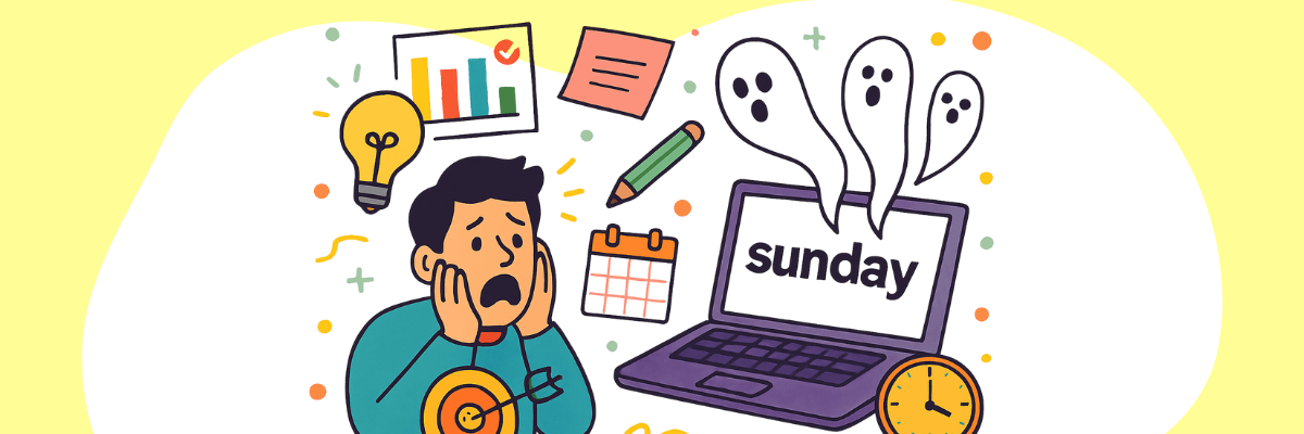 Cartoon of a worried man surrounded by office-related icons like a calendar, clock, pencil, and bar graph, with ghost-like figures emerging from a laptop displaying the word "Sunday," representing the Sunday Scaries.