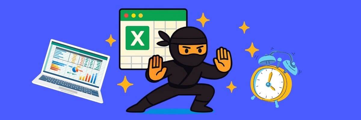 Cartoon ninja striking a pose between an Excel spreadsheet on a laptop and an alarm clock, symbolizing productivity and time-saving spreadsheet skills.