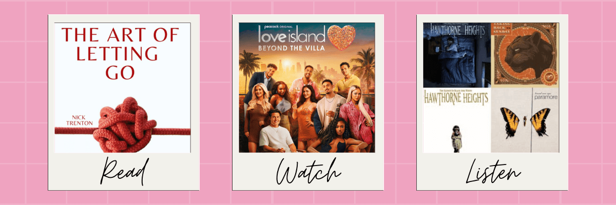 Collage with three Polaroid-style frames: a pink book cover for Expectation by Anna Hope labeled "Read," a promotional image for The Sandman series labeled "Watch," and a black-and-white photo of a tattooed man labeled "Listen."