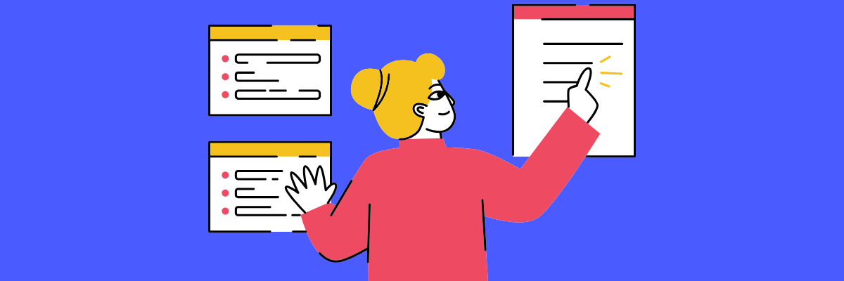 Cartoon-style illustration of a woman in a red top pointing at a large checklist while standing in front of two smaller lists, all set against a bright blue background.
