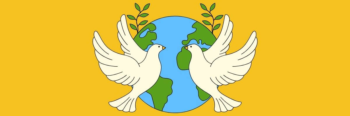 An illustration of two white doves facing each other with wings spread, holding olive branches in their beaks, positioned in front of a globe, all set against a bright yellow background.