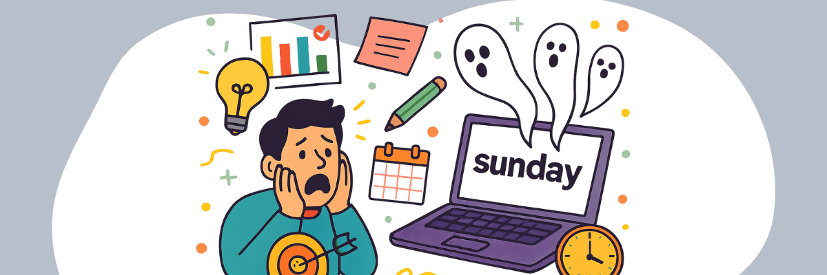 Cartoon of a stressed man surrounded by work icons like a lightbulb, calendar, charts, and a laptop that says "Sunday" with ghost-like shapes floating out symbolizing the Sunday Scaries.