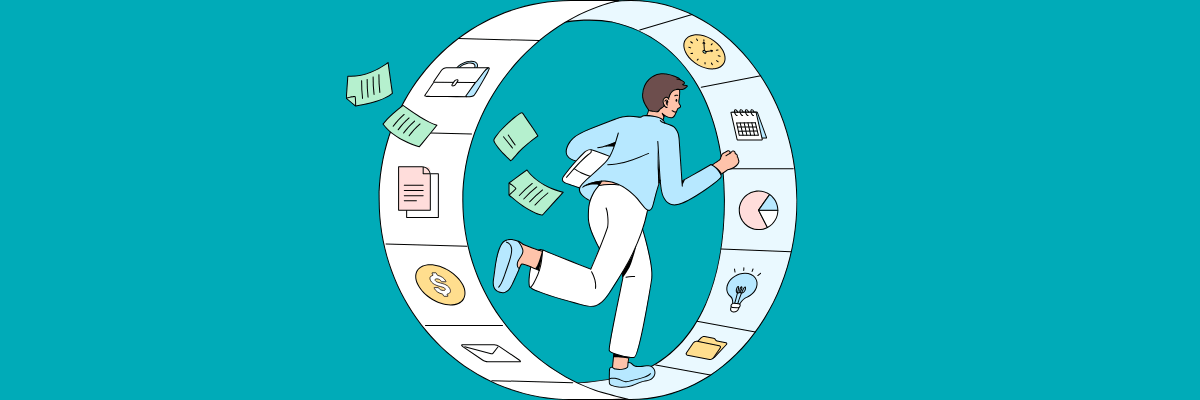 An illustration of a person running inside a hamster wheel filled with work-related icons like clocks, charts, files, and dollar signs, symbolizing the nonstop grind of daily responsibilities.