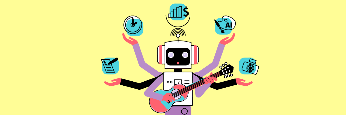 A cheerful robot with six arms multitasks by playing a guitar and holding icons representing time management, writing, financial growth, AI tools, and photography, set against a bright yellow background.
