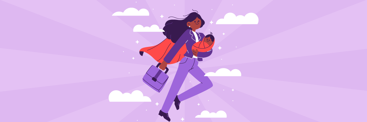 An illustration of a confident woman flying through the sky in a superhero pose while holding a baby in one arm and a briefcase in the other. She wears a business suit and a red cape, symbolizing her strength and multitasking as a working mom, with a bright purple background and scattered clouds.