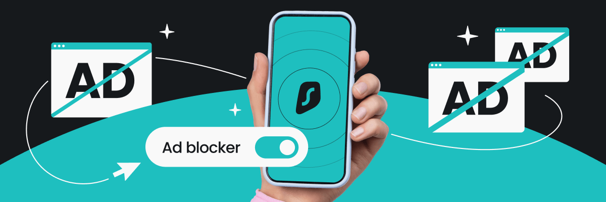 A cartoon-style illustration of a hand holding a smartphone displaying an ad blocker app, with a toggle switch labeled “Ad blocker” turned on. In the background, several browser windows with the word “AD” are crossed out, indicating blocked ads.