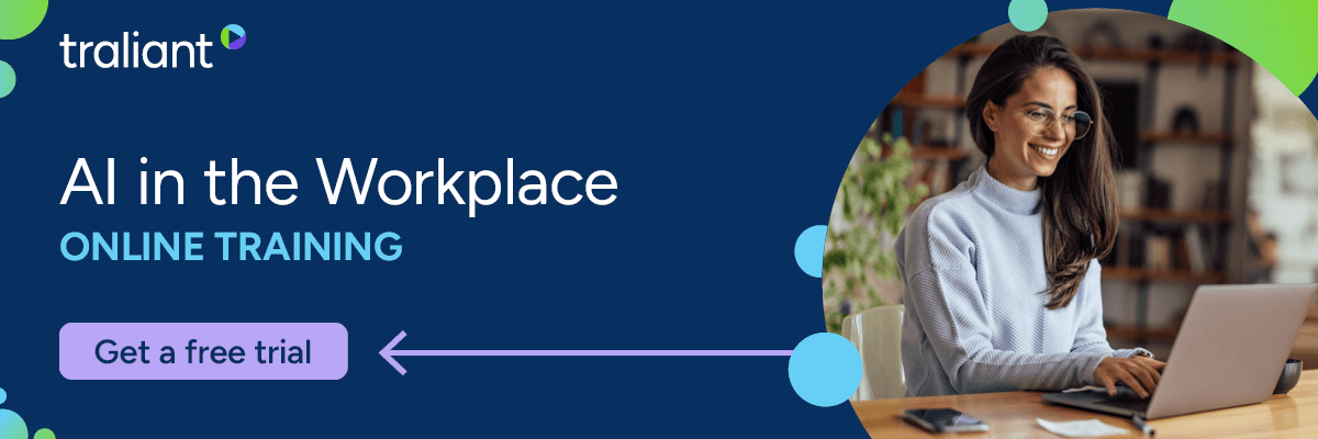 A smiling woman works on a laptop in a cozy home office. The image promotes "AI in the Workplace" online training with a button that says "Get a free trial.”