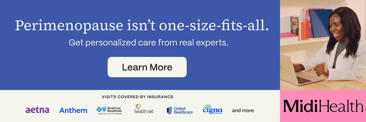 Banner ad for Midi Health showing a smiling woman working on a laptop beside the text “Perimenopause isn’t one-size-fits-all. Get personalized care from real experts.” The design features insurance logos and a “Learn More” button on a blue and cream background.