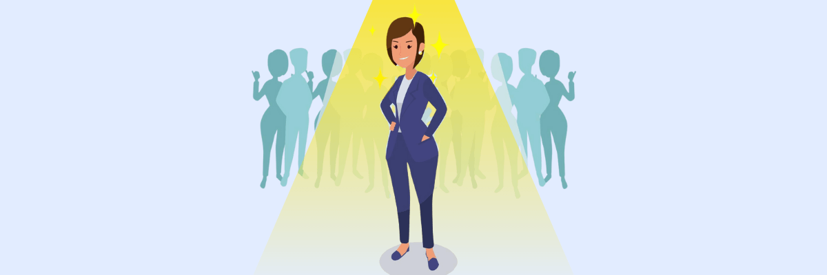 Illustration of a confident woman in a navy suit standing under a spotlight with her hands in her pockets. Silhouettes of other people fade into the background, emphasizing that she’s the one in focus and standing out.