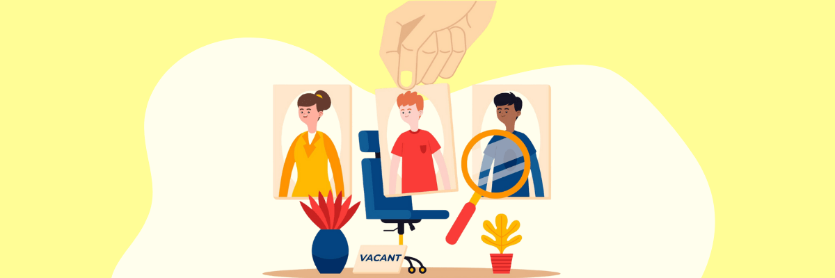 Illustration of a large hand selecting a candidate’s photo from three options placed above a vacant office chair. A magnifying glass highlights one photo, symbolizing the hiring or recruitment process.