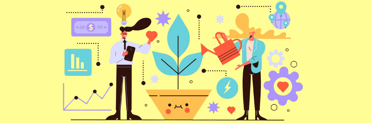 Two illustrated characters stand on either side of a large plant with teal leaves growing from a yellow pot with a smiling face. One person holds a heart and tablet, while the other pours water from a red watering can; surrounding them are icons of charts, maps, and gears.