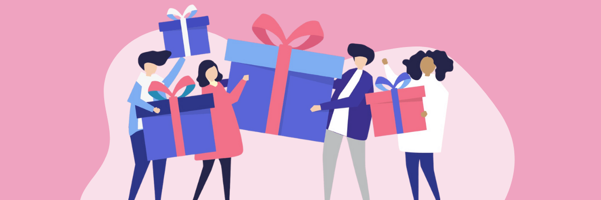  Illustration of four diverse people happily holding oversized wrapped gifts with big bows, set against a soft pink background with abstract shapes. The overall vibe is festive and cheerful, suggesting celebration or gift-giving.