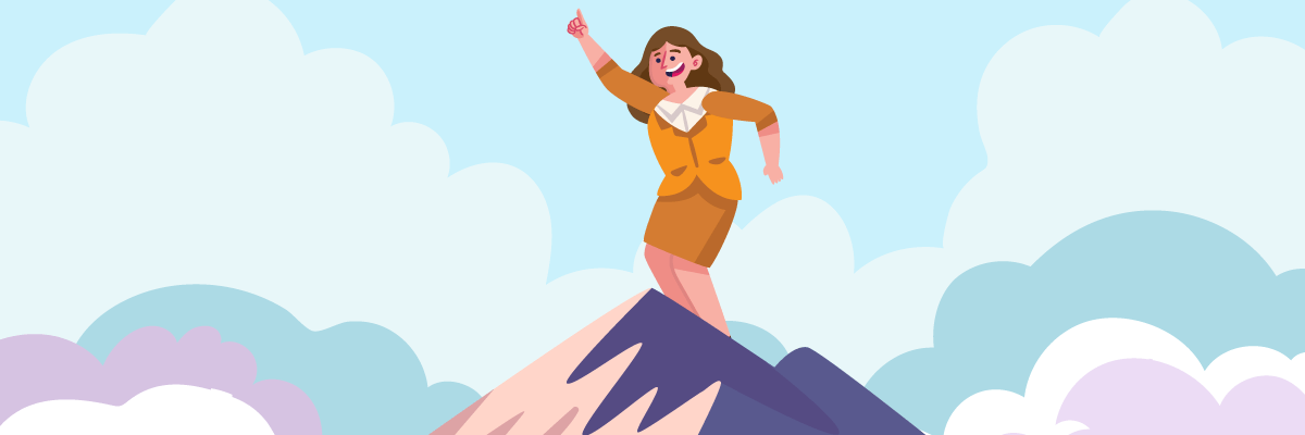 Illustration of a confident woman in a suit standing triumphantly on top of a mountain peak, pointing upward with one hand and smiling, surrounded by fluffy clouds and a blue sky.