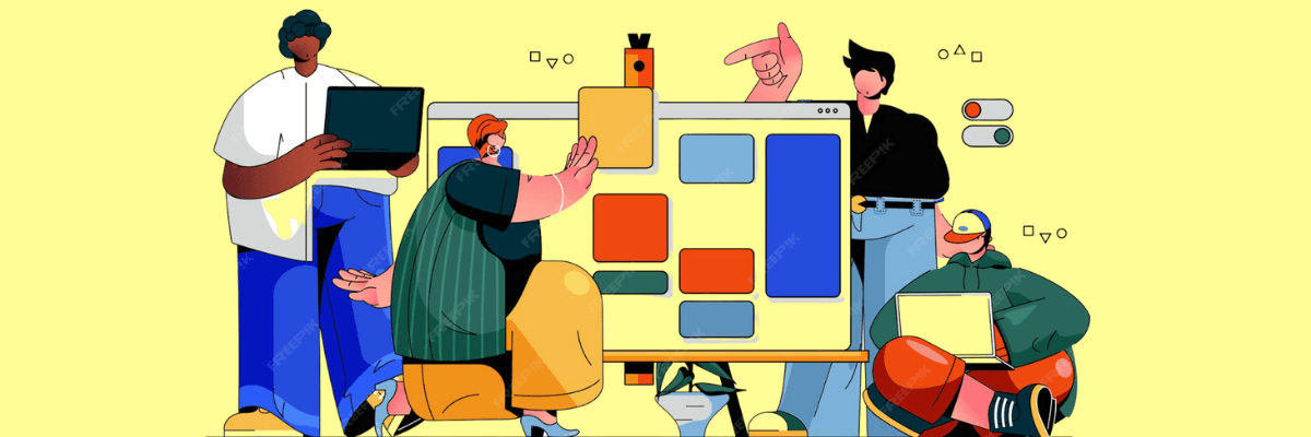 Cartoon-style illustration of a diverse group of five people gathered around a giant desktop screen with colorful blocks representing a digital workspace or project management board. Two people are seated with laptops while the others are pointing or interacting with the screen.
