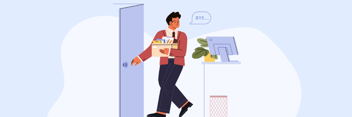 A man holding a box of office supplies opens a door while looking back and saying “BYE…” He’s dressed in business attire, and a desktop monitor and trash bin sit at the now-abandoned desk behind him.