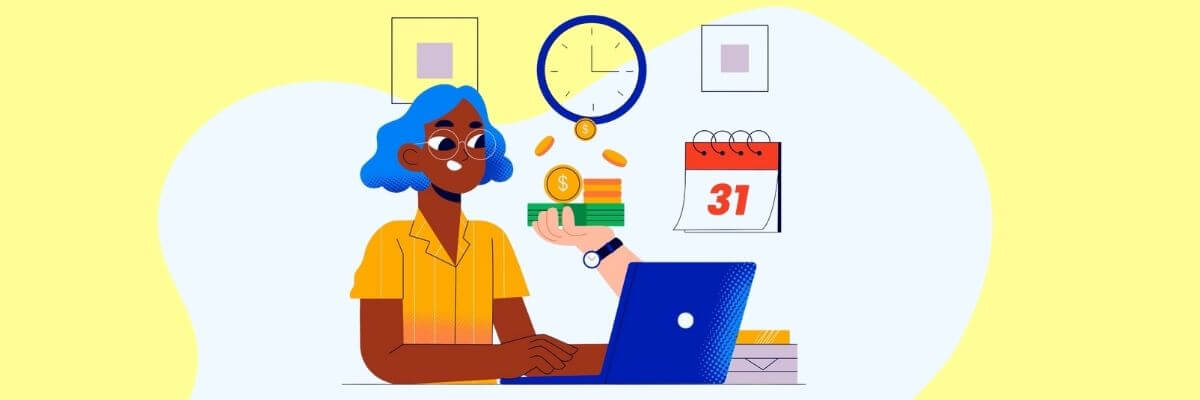 Illustration of a woman working on a laptop while a hand offers her money with coins falling around. A clock and calendar showing the 31st hang on the wall, symbolizing payday or financial rewards.