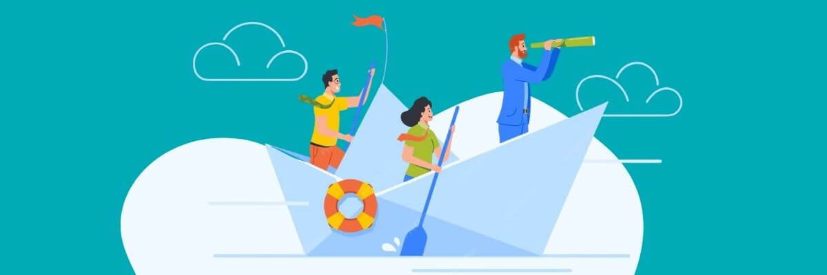 Illustration of three people navigating a giant paper boat—one person is paddling, another is holding a flag, and a third is looking ahead through a telescope. The scene suggests teamwork, direction, and vision.