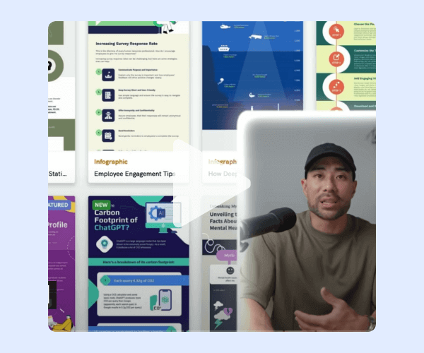 A man wearing a cap and casual shirt speaks into a microphone, appearing to record or stream a video. Behind him is a collage of colorful infographics and data charts covering topics like engagement tips, ChatGPT’s carbon footprint, and mental health.