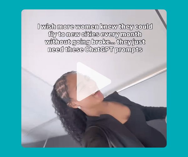 A smiling woman in a black outfit walks through an airport jet bridge. Text on the image reads, “I wish more women knew they could fly to new cities every month without going broke… they just need these ChatGPT prompts.”