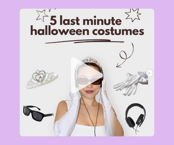 A woman in a white dress, gloves, tiara, and sunglasses poses confidently under the title “5 last minute halloween costumes.” Around her are accessories like headphones, another tiara, gloves, and sunglasses, all on a light purple background with playful doodles.