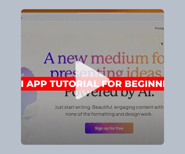 A paused video screen showing a tutorial titled “APP TUTORIAL FOR BEGINNERS” with bold red and white text across the middle. The background shows a webpage with the headline “A new medium for presenting ideas” and a purple-orange “Sign up for free” button.