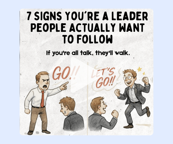 A cartoon compares two leadership styles: one man sternly yells “GO!!” while pointing, and the other enthusiastically runs ahead saying “LET’S GO!!” with a teammate following. Text above reads, “7 signs you’re a leader people actually want to follow — If you're all talk, they'll walk.”