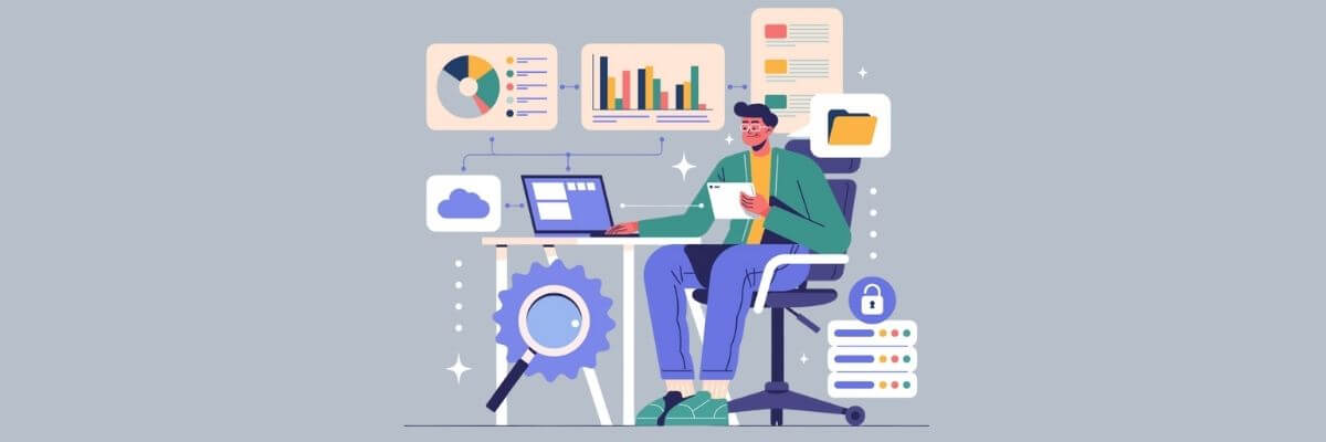 Illustration of a person working at a desk with a laptop, holding a cup of coffee, surrounded by charts, graphs, folders, and cloud icons. The scene represents data analysis, productivity, and digital work tools.