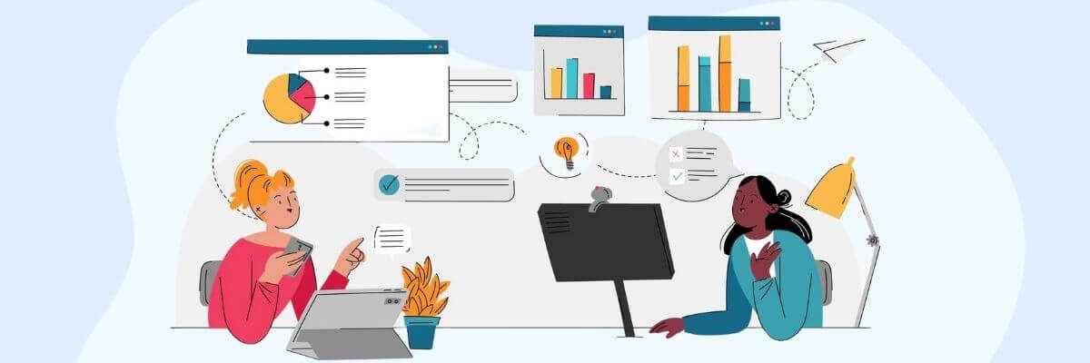 Illustration of two women working at desks with laptops and monitors, surrounded by floating charts, graphs, and checklists. The scene represents teamwork, productivity, and data-driven collaboration.