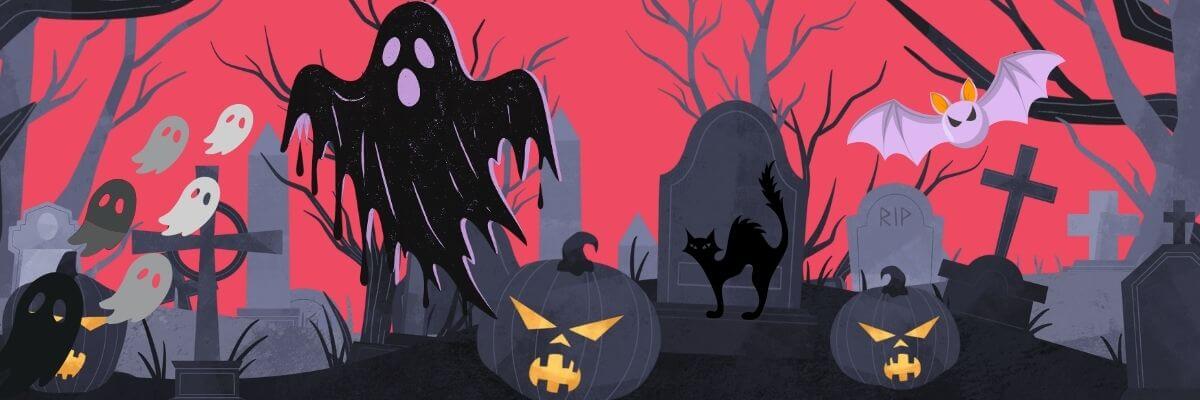 A spooky Halloween scene shows ghosts, jack-o’-lanterns, a black cat, and a bat in a graveyard filled with tombstones. The sky glows red behind eerie leafless trees, creating a haunting atmosphere.