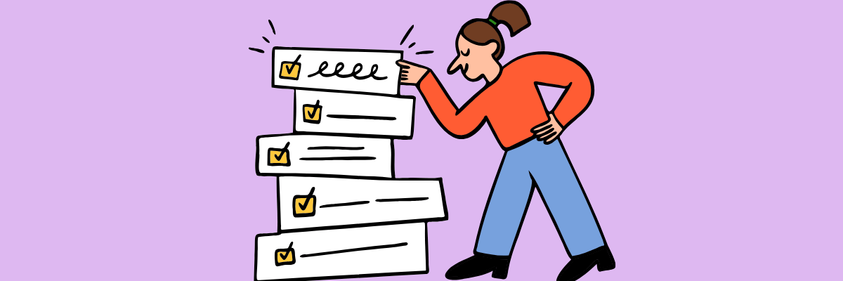 A cartoon woman in a red top and blue pants proudly checks off a towering stack of completed to-do items, all with yellow checkmarks, set against a purple background.