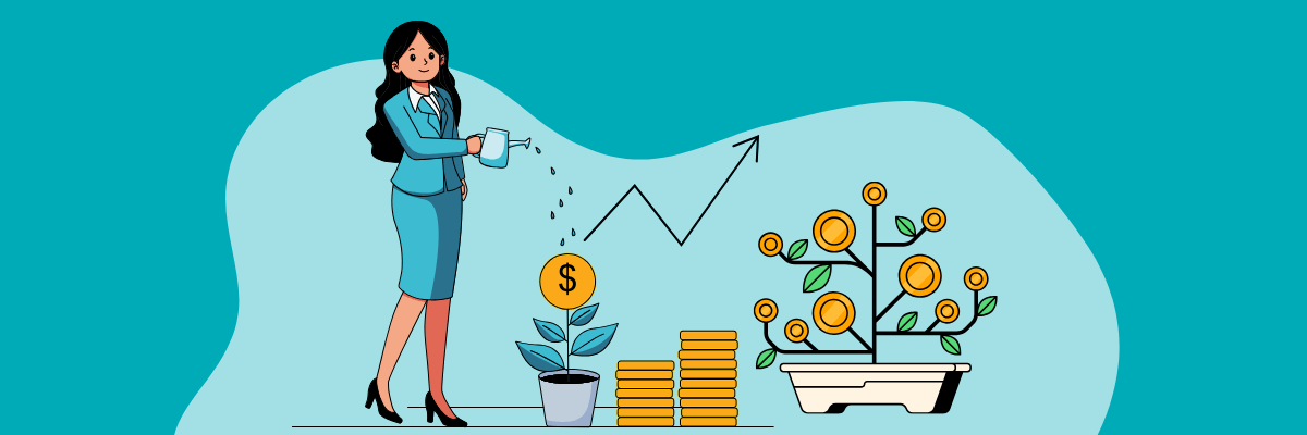  A woman in a teal business suit waters a small potted plant with a dollar sign above it. In front of her are gold coin stacks and a money tree with coin-shaped fruit and green leaves.