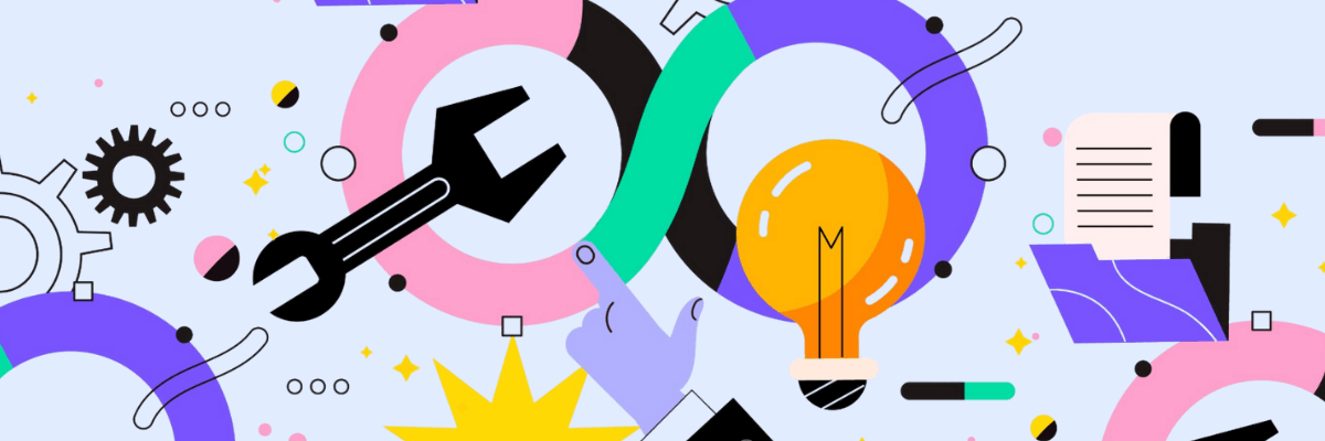 Colorful abstract background with gears, wrenches, lightbulbs, and papers, symbolizing innovation, tools, and productivity. Bright shapes and illustrations suggest creativity and workflow.