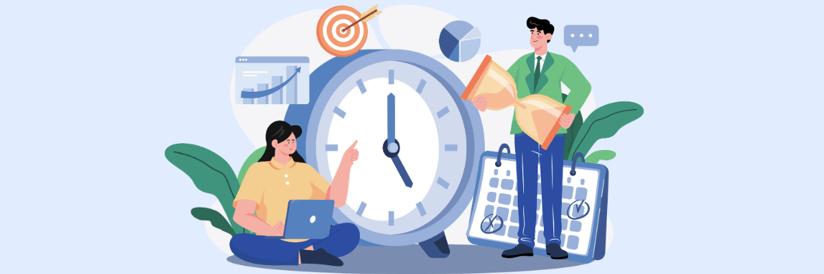 A cartoon-style illustration of a giant clock surrounded by two people—one sitting on the floor with a laptop pointing at the time, and the other standing while holding a large hourglass. Behind them are icons representing a calendar, graphs, and pie charts, all suggesting productivity and time management.