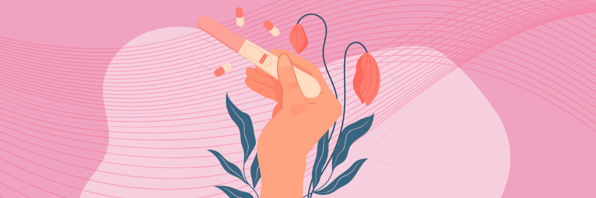  Illustration of a hand holding a positive pregnancy test, surrounded by floating capsules and leafy plants, with a soft pink abstract background. The design has a calm, delicate feel with flowing lines and organic shapes.