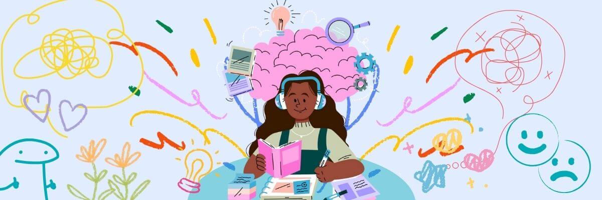 A woman with headphones studies at a desk filled with open books, notes, and pens while a large pink brain floats above her, surrounded by gears, lightbulbs, and magnifying glasses. Colorful doodles and symbols like hearts, smiley faces, and squiggly lines swirl around her, showing a mix of focus, creativity, and scattered thoughts.